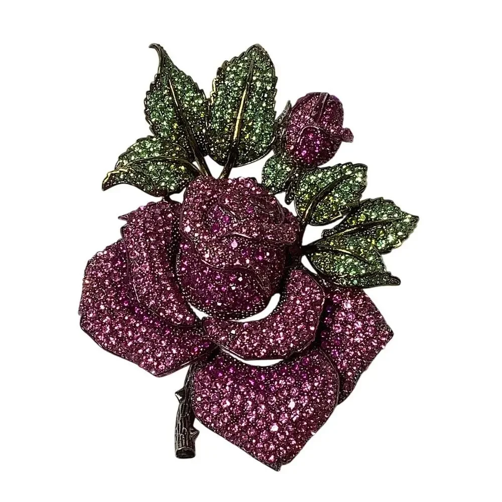 Vintage Pink Rose Flower Green Leaf Rhinestone Crystal Statement Brooch F15-22